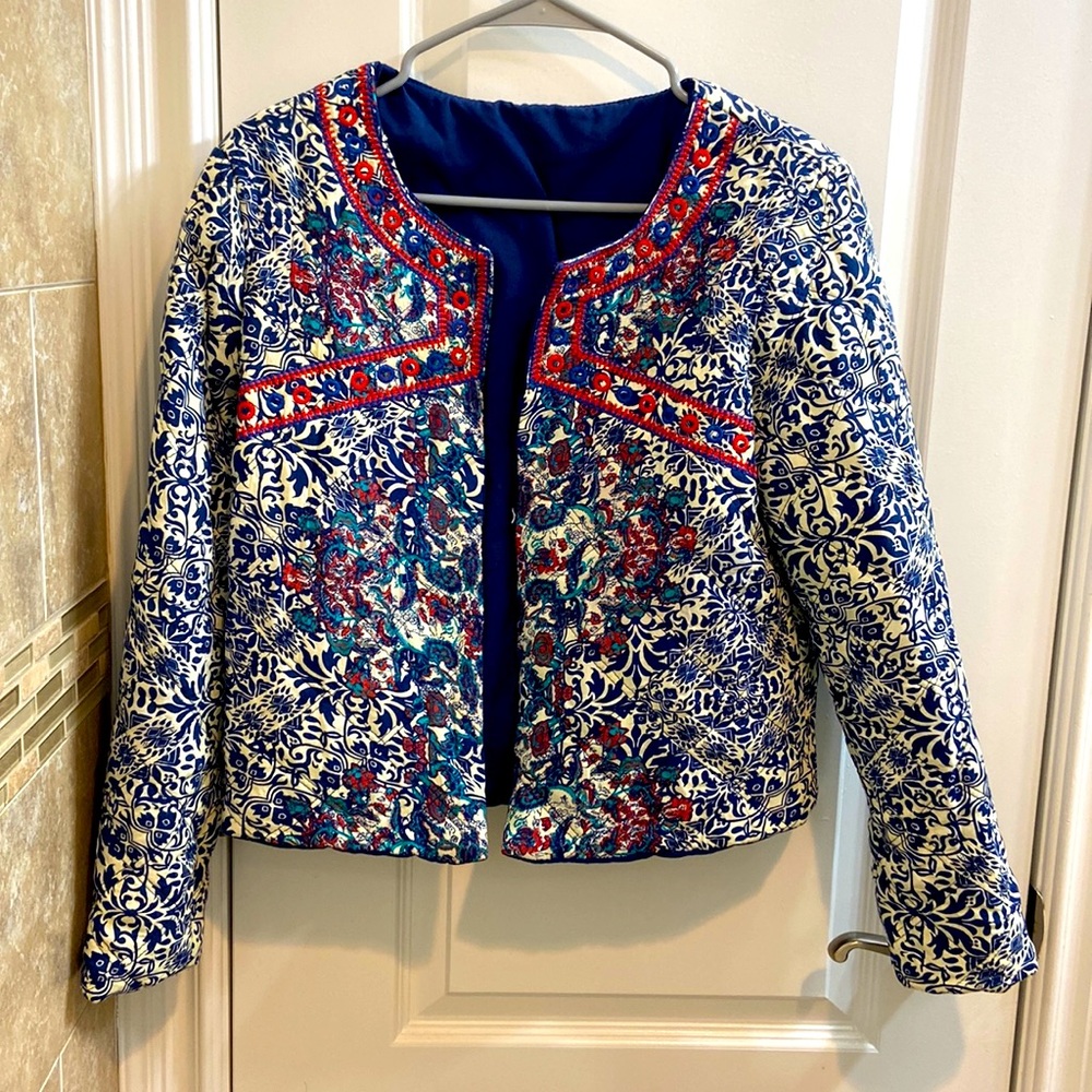 Pretty Navy Blue flower print Quilted Blazer with Embroidery
